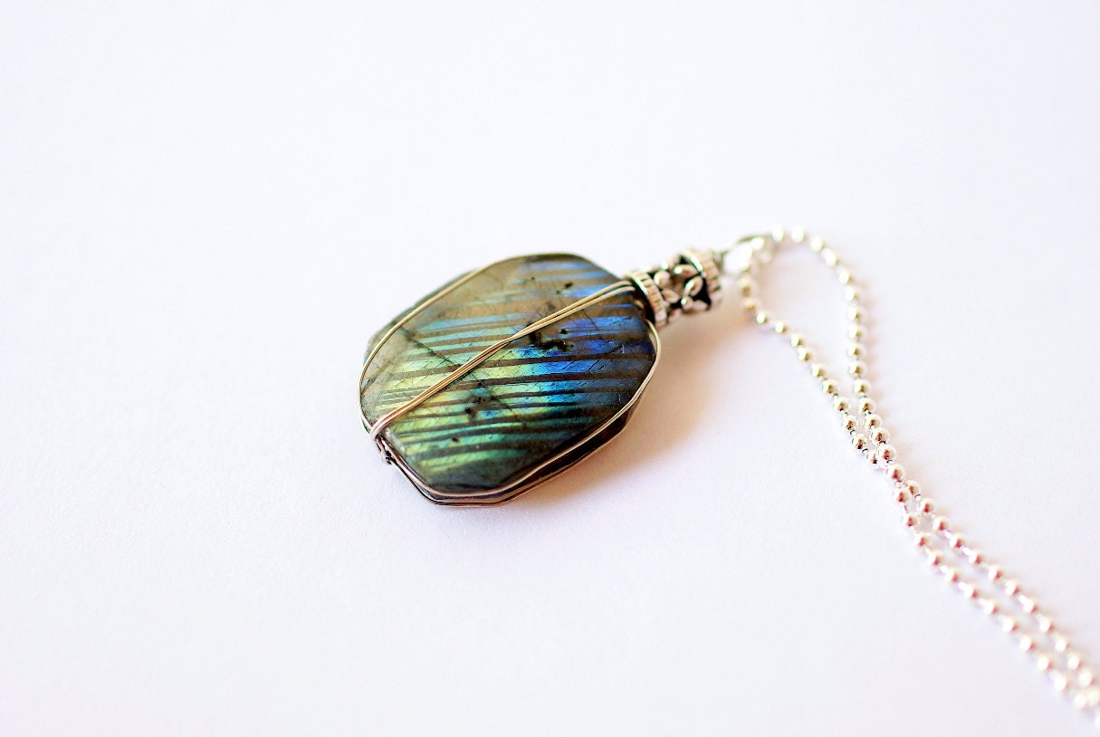 Labradorite square wire wrapped pendant accented with antique silver color lattice metal bead: Pendant only