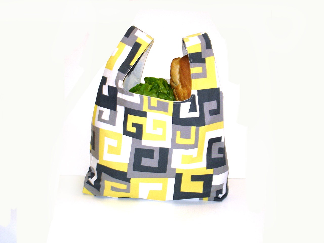 Market tote shopping bag, yellow black grey reusable ecofriendly
