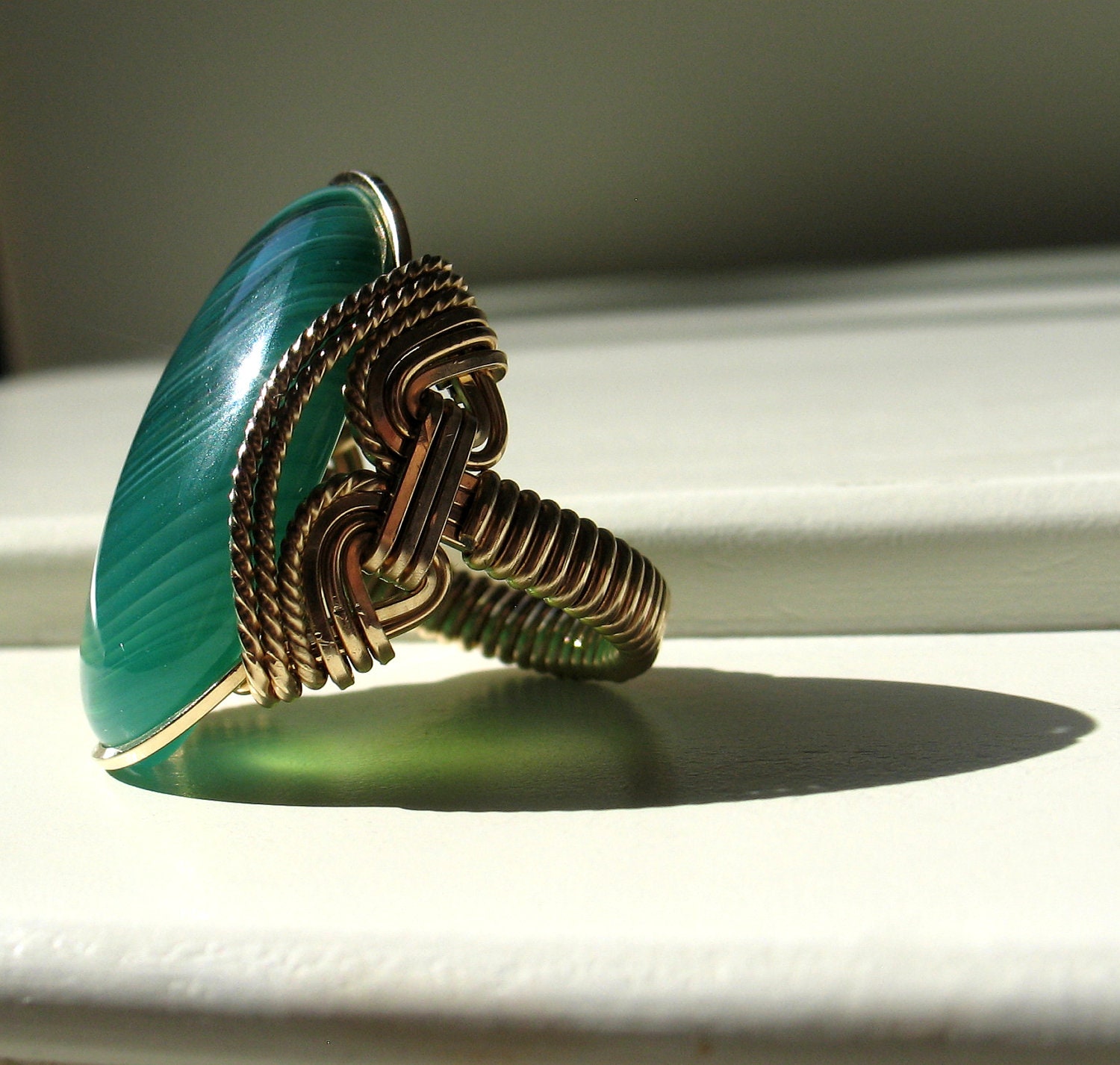 RESERVED - Fresh Apples Ring, Green Agate, Striped Gemstone, Gold