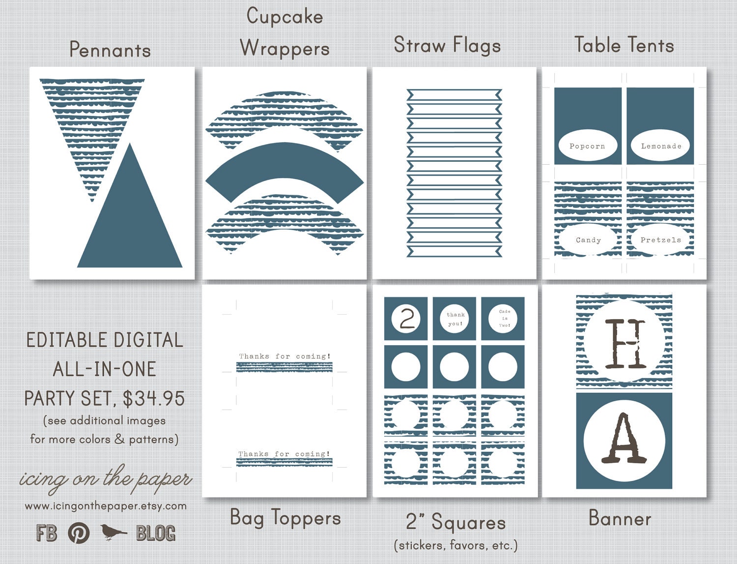 Printable Party, Editable PDFs, Navy Waves