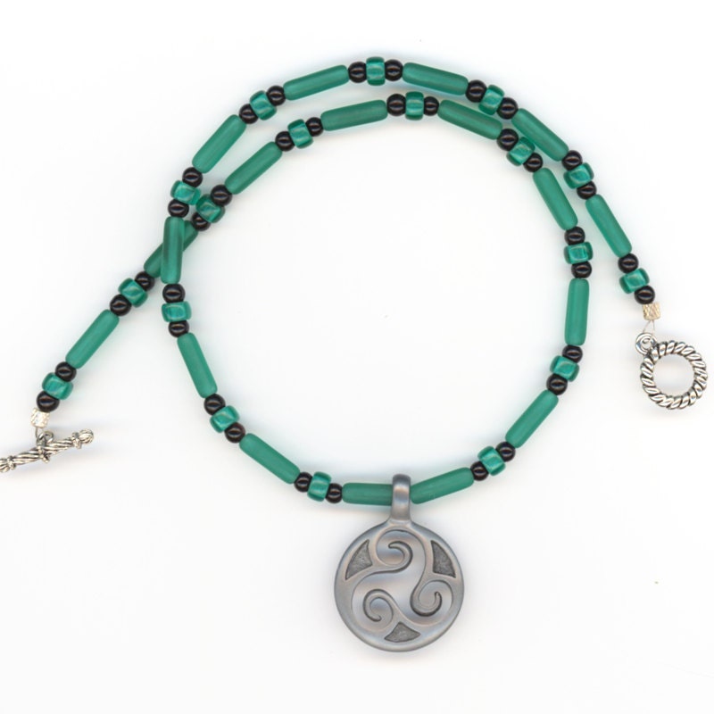 Teal Green and Black Bead Necklace, Triskelion Pendant,  Celtic Symbol, Ancient Symbol