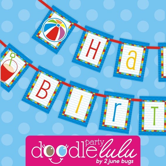 INSTANT DOWNLOAD DIY Printable Pool Party Beach Bash Happy Birthday Banner - DoodleLulu by 2 june bugs Il_570xn