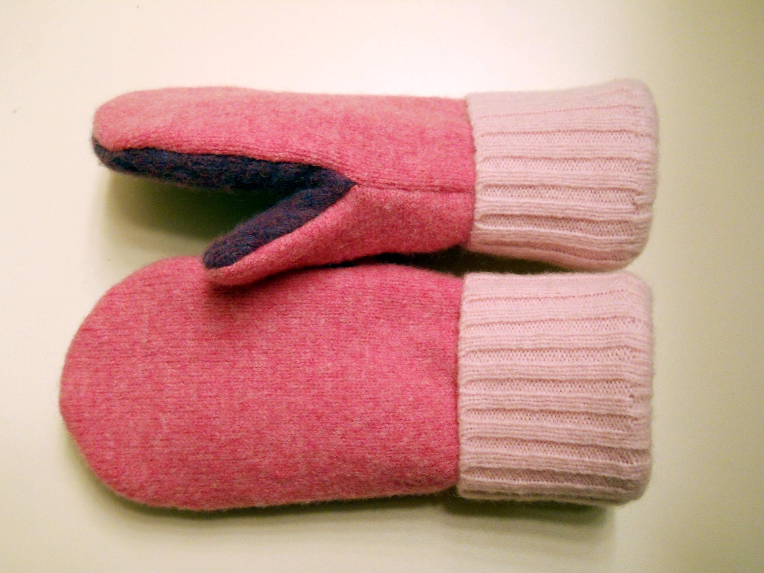 Pink & Purple felted wool mittens: cozy mittens lined with purple fleece.  Made from recycled sweaters.  Kids Small.