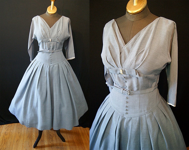 Chic 1950's new look heathered blue gray dress with corset waist by Kerrybrooke vlv rockabilly pin up girl - size Medium