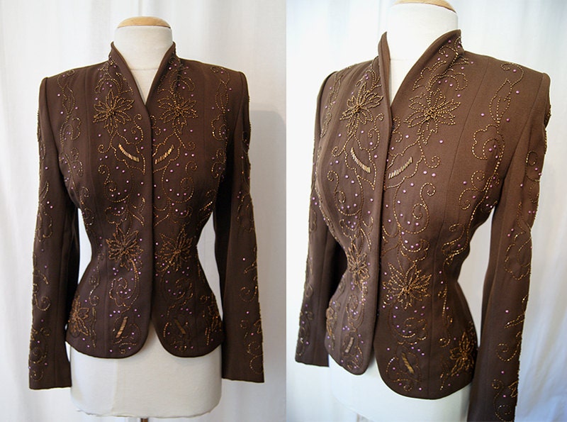 Amazing 1940's chocolate brown gabardine jacket with hand beading film noir Hollywood glamor rockabilly classic size medium