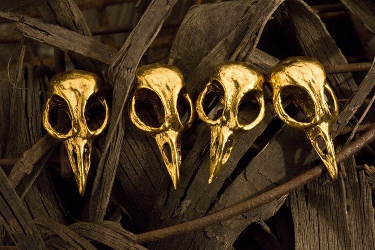 Bird Skull Cabinet Hardware Skull Drawer Pulls Skull Cabinet Knobs cast metal. Antique gold plate. Made in NYC