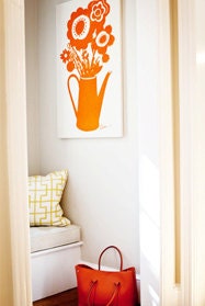 Large Mid Century Inspired Floral Wall Art Silk Screened on Bark Cloth