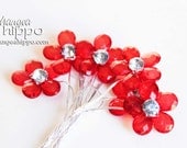 Small Ruby Red Bling 5 Petal Flowers - 6 pieces