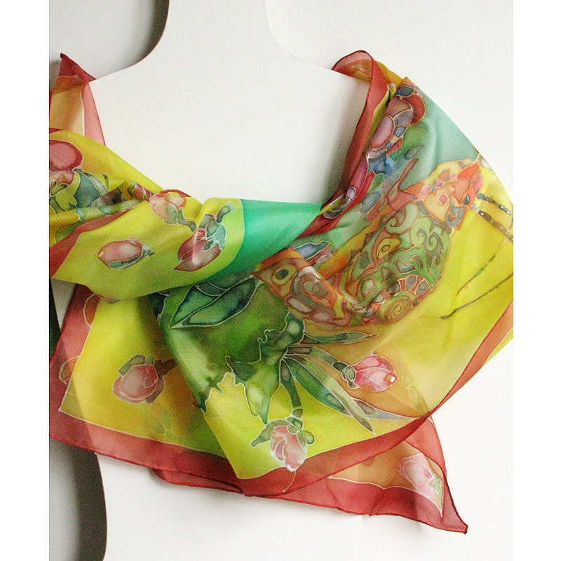Silk scarf hand dyed - painted - on ponge silk - Bugs - 45x180