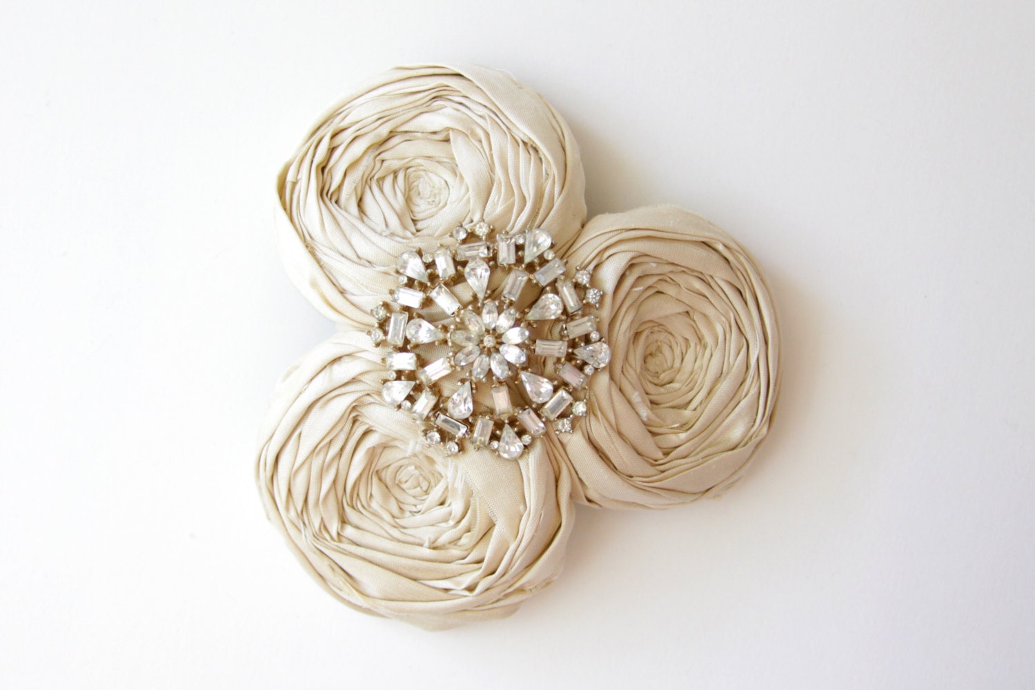 Couture Bridal Champagne Ivory Silk Rosette Trio Hair Piece Vintage Rhinestone Embellishment Snap Clip Perfect Couture Headdress