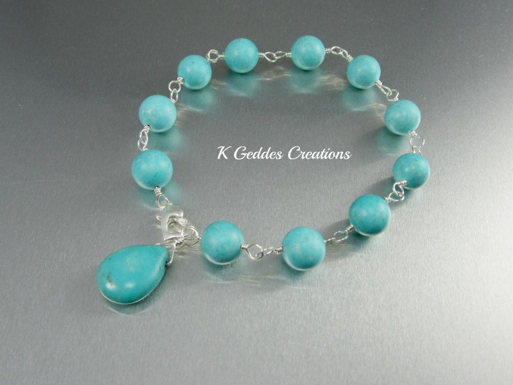 Turquoise Bracelet Sterling Silver Wire Wrapped Handmade Blue Gemstone Bracelet Heart Clasp