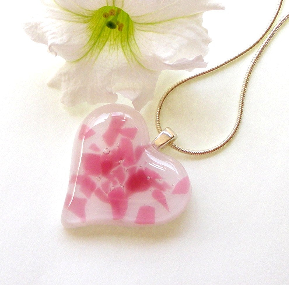 Glass Heart Pendant - Fused Glass Jewelry - Pink and White