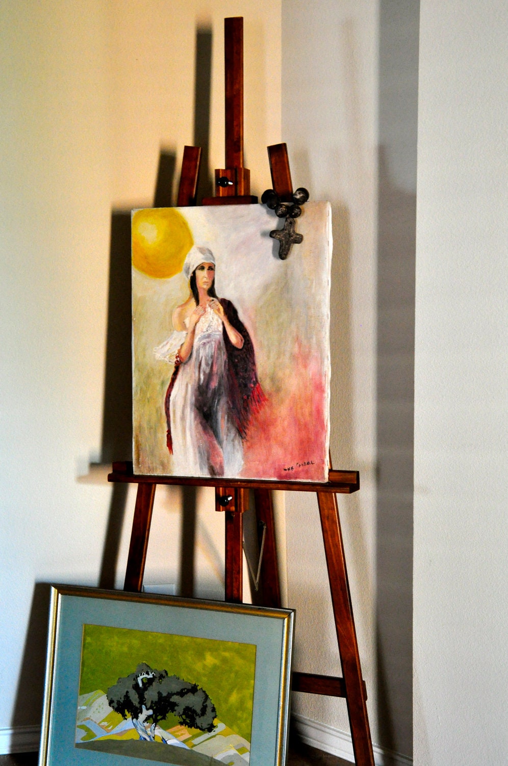 Vintage Acrylic Gypsy Woman Original Art Frame Canvas Boho