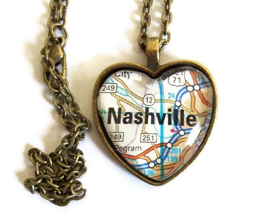 Nashville Map Necklace, Tennessee, Heart Pendant with Chain