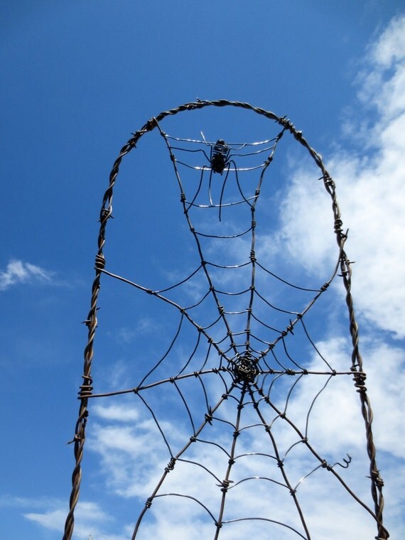 Spider In A Tattered Web Barbed Wire Garden Trellis Made to Order