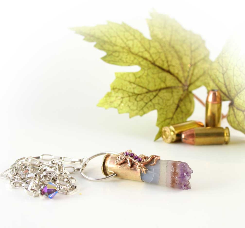 Bullet Necklace, Amethyst Crystal Slice, 45 Auto, Southwestern Lizard, Sterling Silver