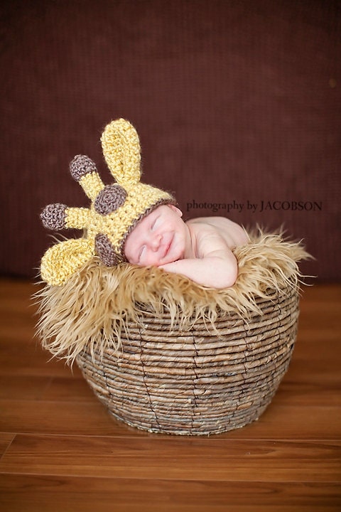 Crochet Baby Giraffe Beanie, Custom Made To Order,  Newborn, 0-3, 3-6 Months Boy Girl Photo Photography Prop Baby Shower Gift Animal Hat