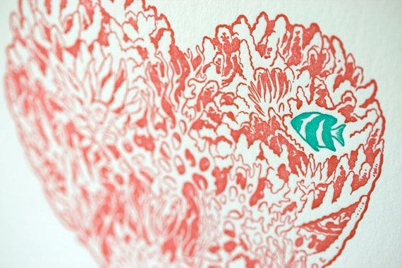 Letterpress Valentine Love Card - Coral Heart