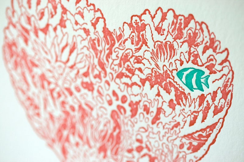 Letterpress Valentine Love Card - Coral Heart