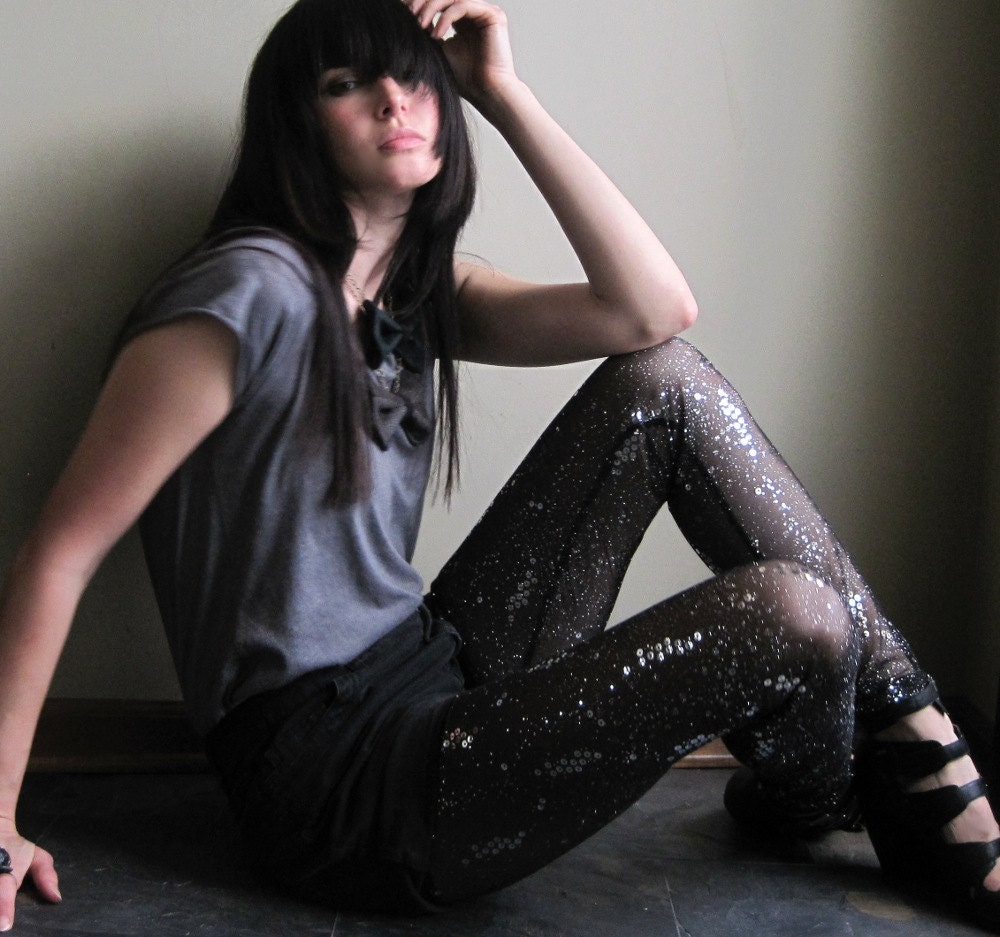 Sequin stars leggings - cosmic sheer black embellished sequin and glitter - large