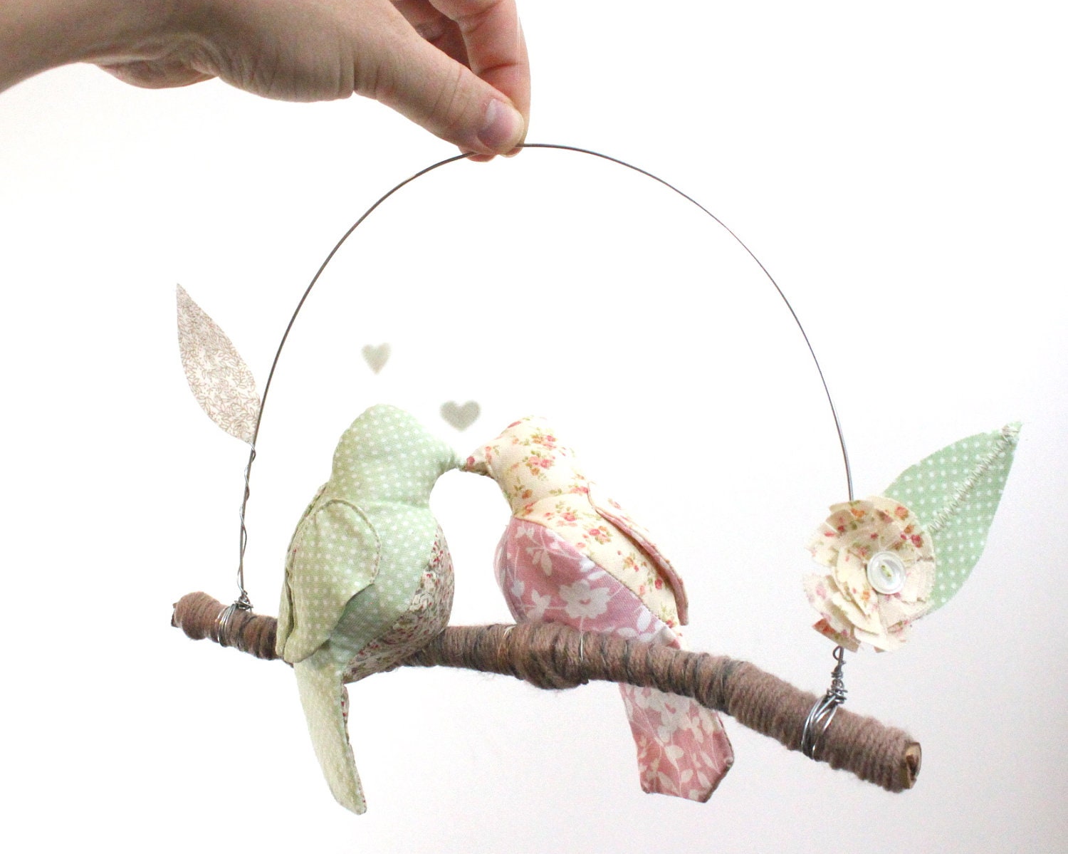 Modern Love Bird Mobile - "2 little lovebirds sitting in a tree K-I-S-S-I-N-G"  in rose, cream, mint, and beige