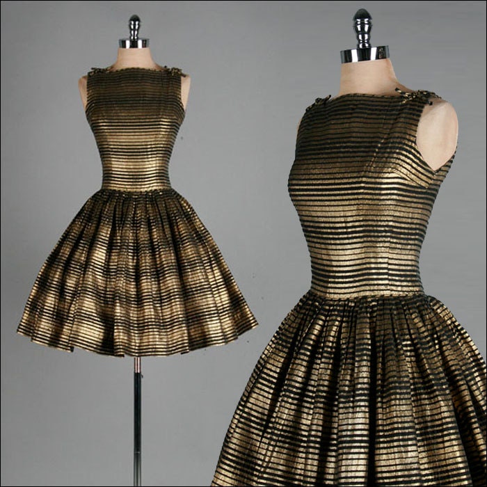 Vintage 1950s Dress . Black . Gold . GiGi Young . Metallic . Striped . XS/S . 2108