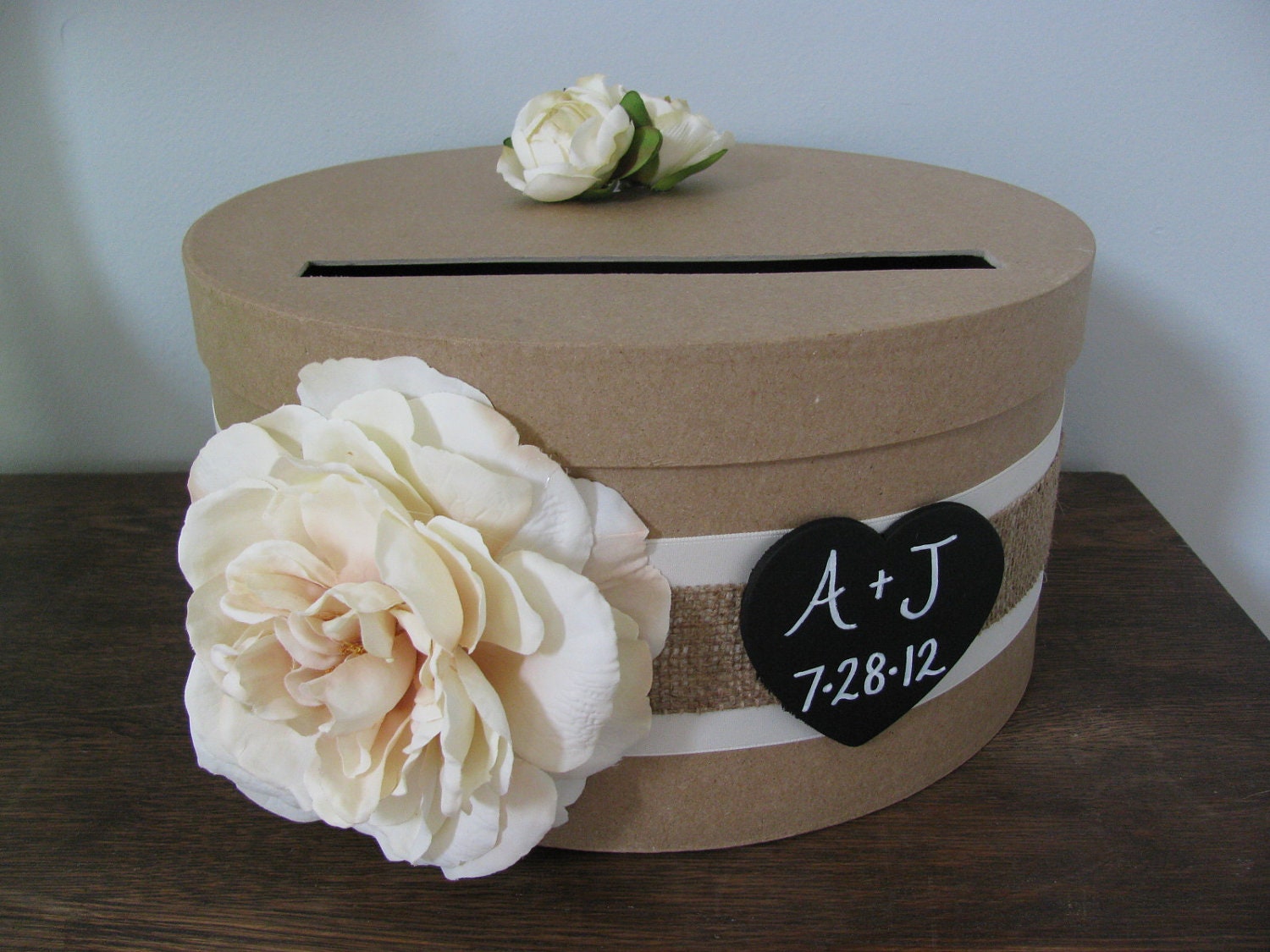 Rustic Round Wedding Card Box Wood Personalized Tag Ivory Ranunculus DIY with ivory and Burlap and large Ivory Rose