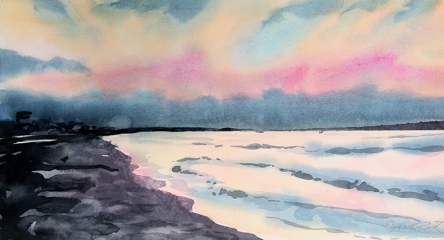 Original watercolor, Texas Gulf Coast sunset