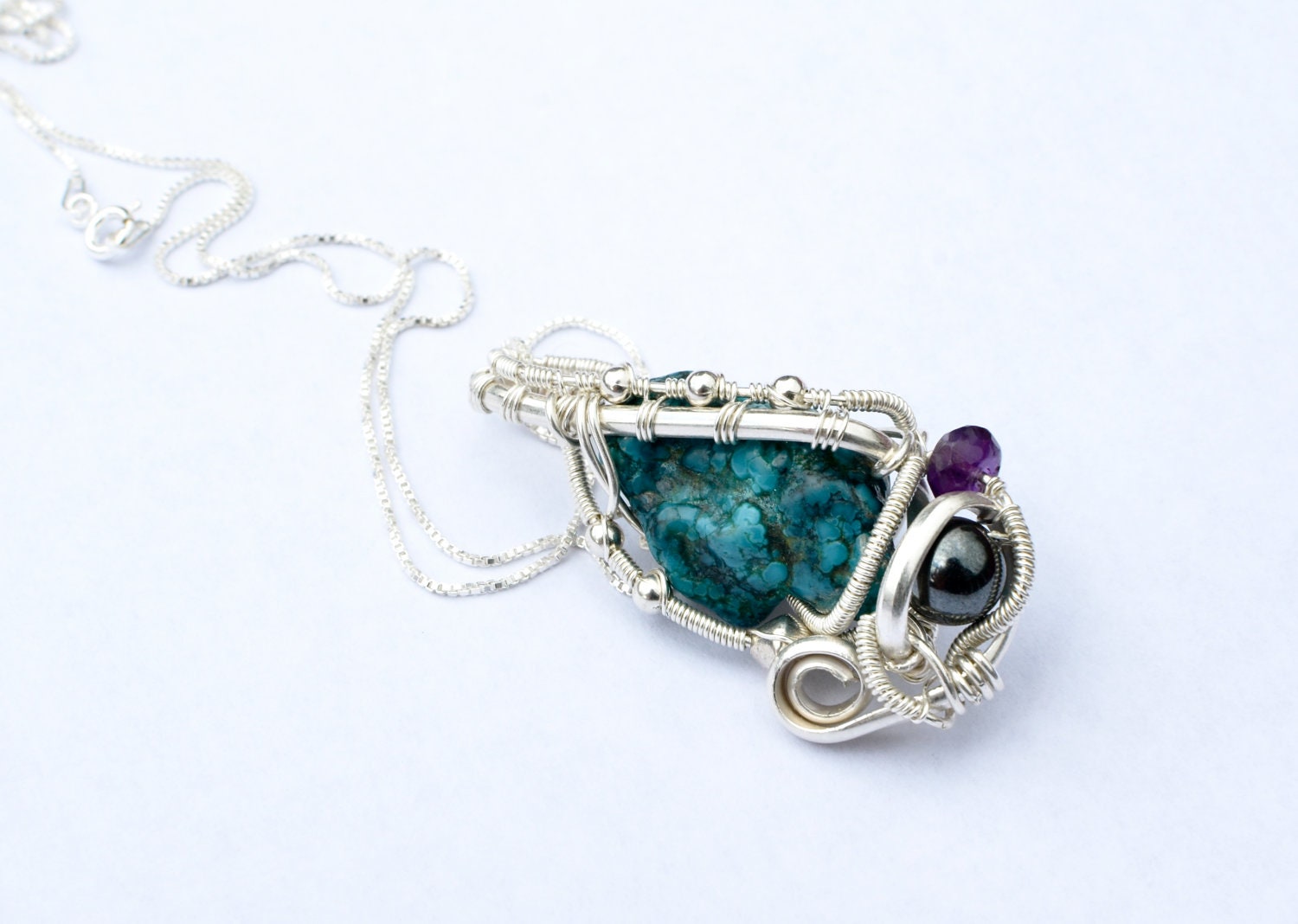 The "Truth Seeker" Turquoise Wire Wrapped Pendant with Amethyst and Hematite 100% Sterling Silver - illJay