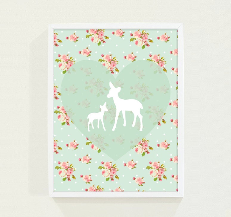 Heart Mint Green Nursery Art - Pink Floral Deer Kids Wall Art - Nursery Decor - Pastel Children Decor - Nursery Wall Art for Baby Girls Room
