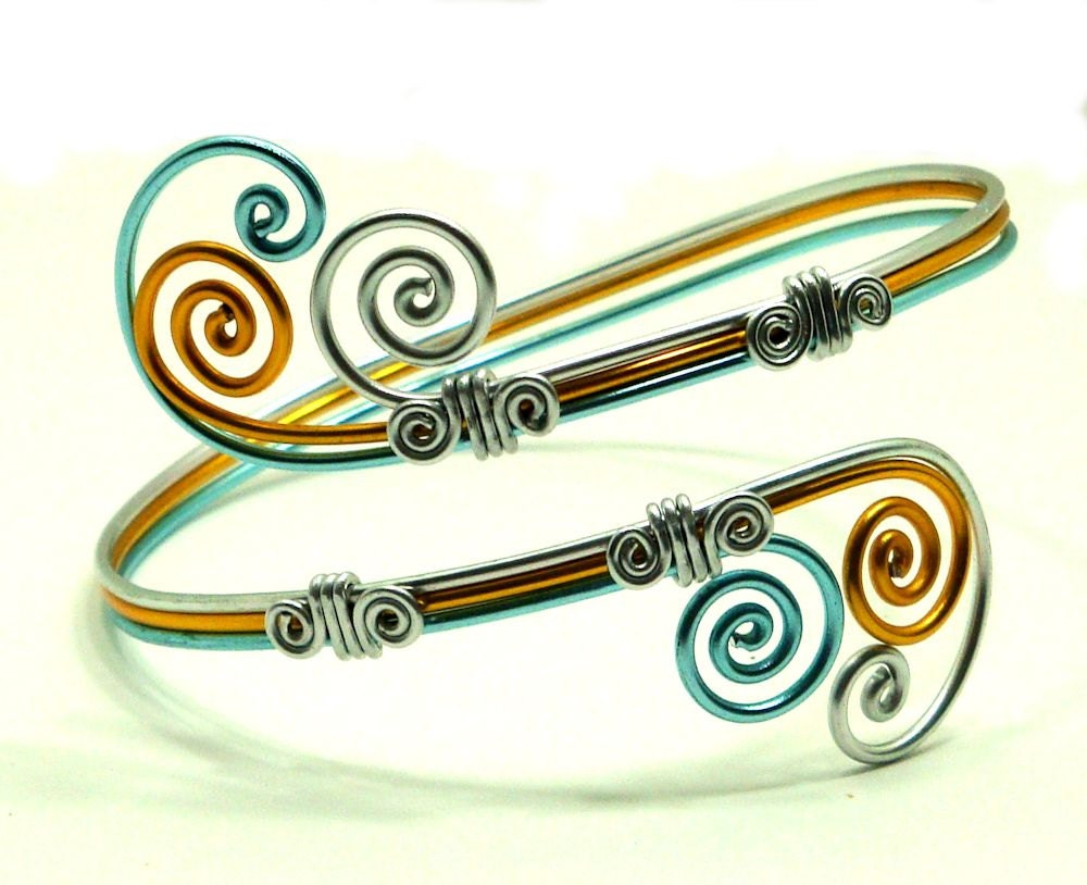 Arm Band, Arm Bracelet, Arm Cuff, Gold Light Blue and Silver, Aluminum, Unique Jewelry by thecuriouscupcake on Etsy