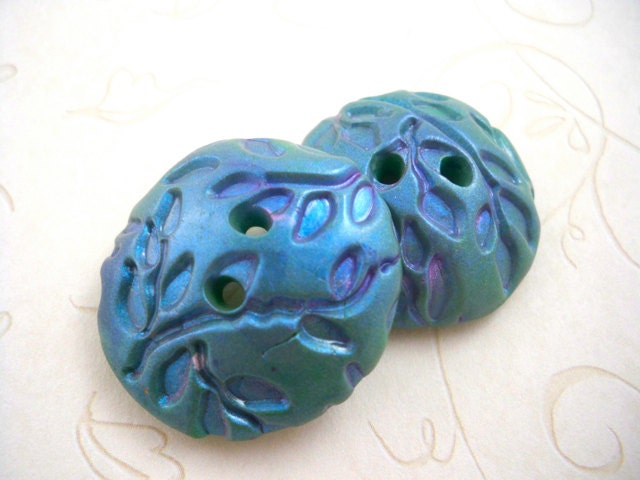 Large buttons convex round textured green and violet vines polymer clay
