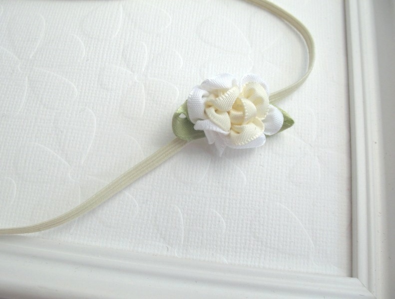 Ivory Satin Rose Baptism Headband, Newborn Baby Flower Headband