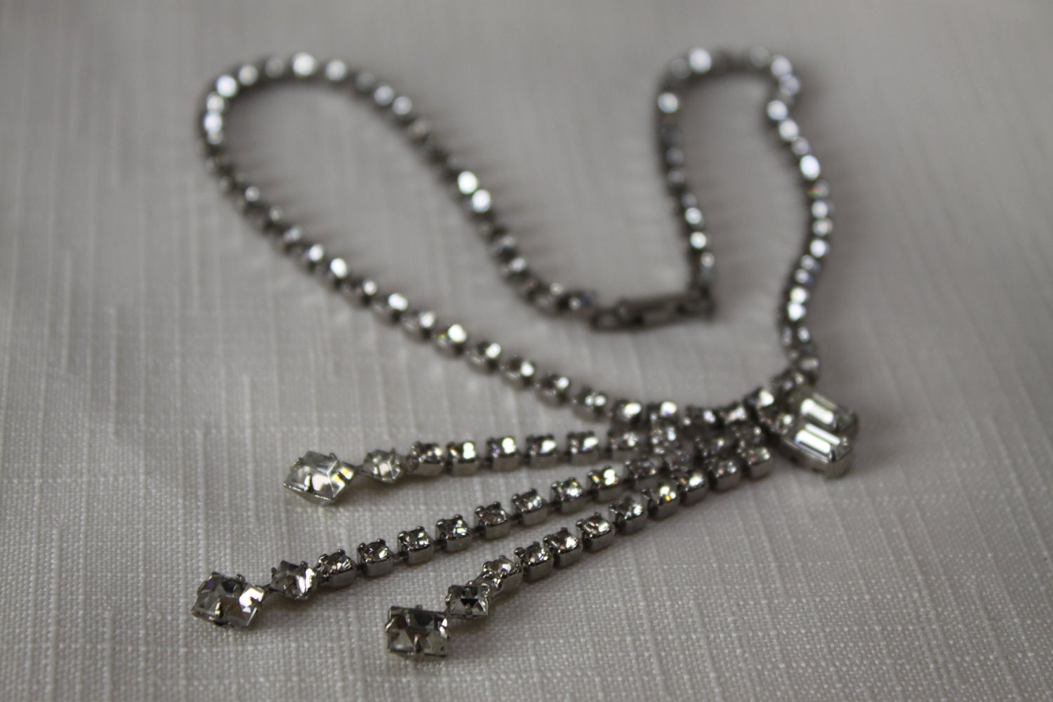 Vintage Rhinestone Off to the side triple drop necklace Clear and Bright Bling