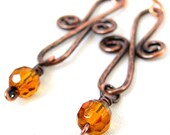 Infinity Earrings, Antiqued Copper Jewelry, Amber Glass, Handcrafted Jewelry, Wire Wrapped Earrings