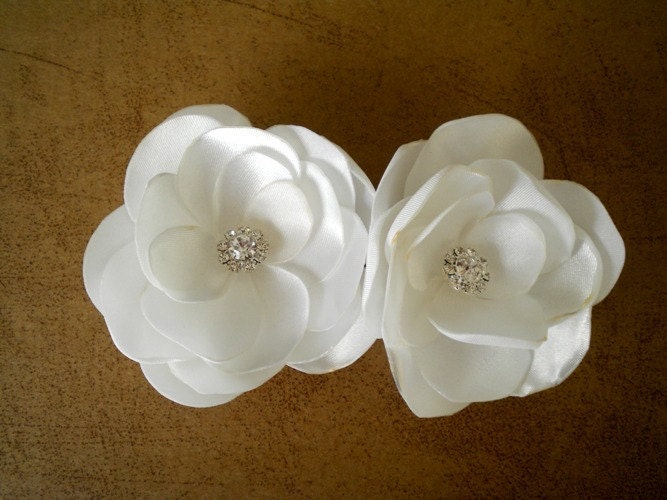 Pure White Bridal Hair Clip Roses with Rhinestones  Satin Flower  Handmade Wedding