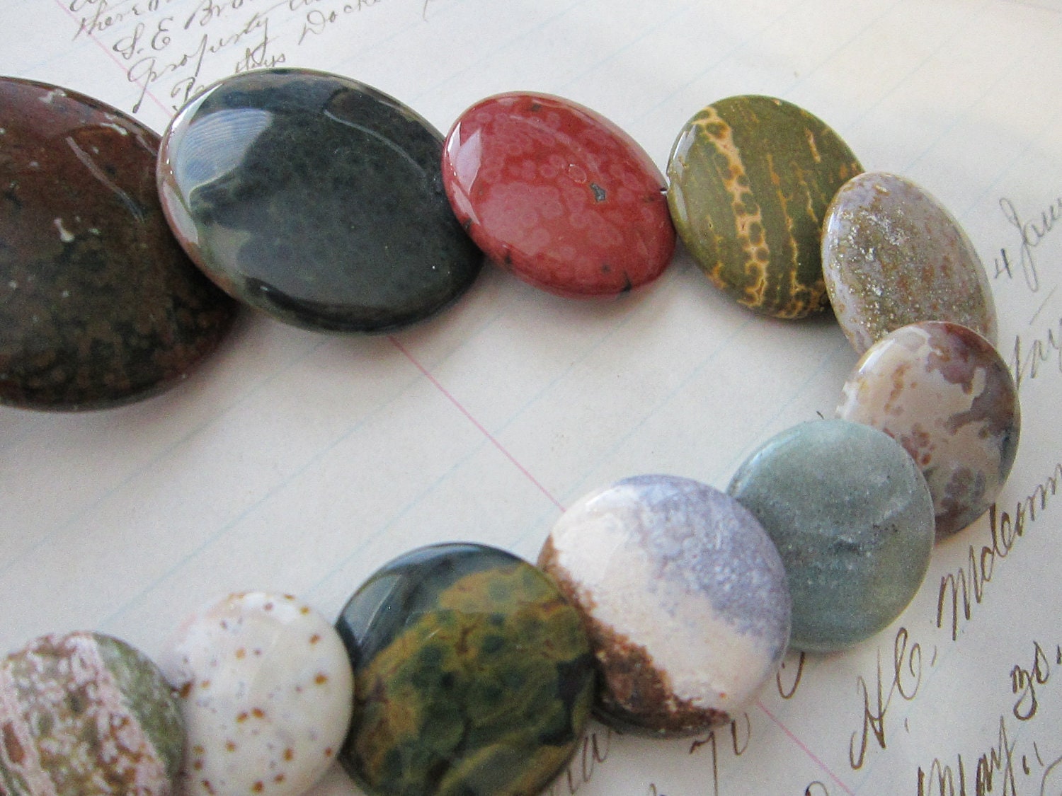 stone beads - flat, various stones, 23 graduated beads
