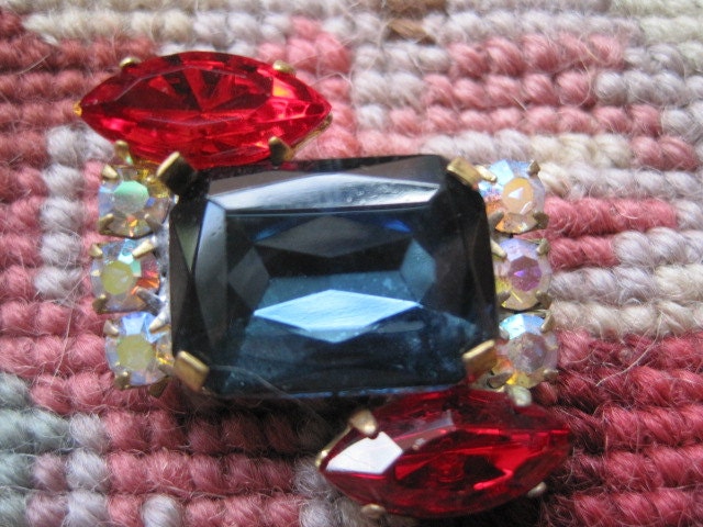 Vintage Czech Glass Rhinestones Dark Blue and Red Button Sew On Embellishment Trim