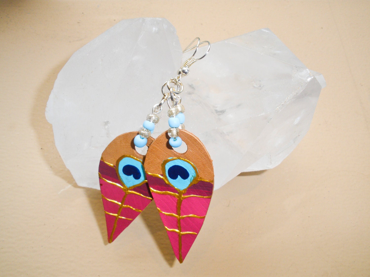 Handmade Leather Peacock Feather drop earrings with blue/pearlised beads // Pretty In Pink Art Deco Painted Leather earrings Hippie Boho