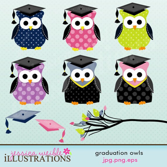 Graduation Owls Cute Digital Clipart for Card Design, Scrapbooking, and Web Design Il_570xn