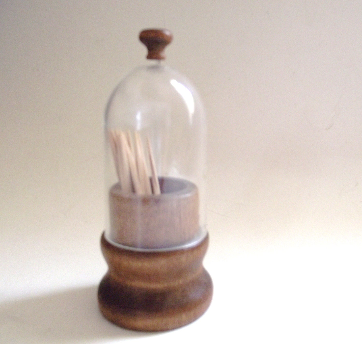 Vintage Wooden Toothpick Holder with Clear Plastic by