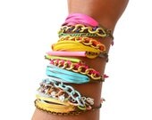 Neon Friendship Bracelet Yellow Leather Fringe and Chain