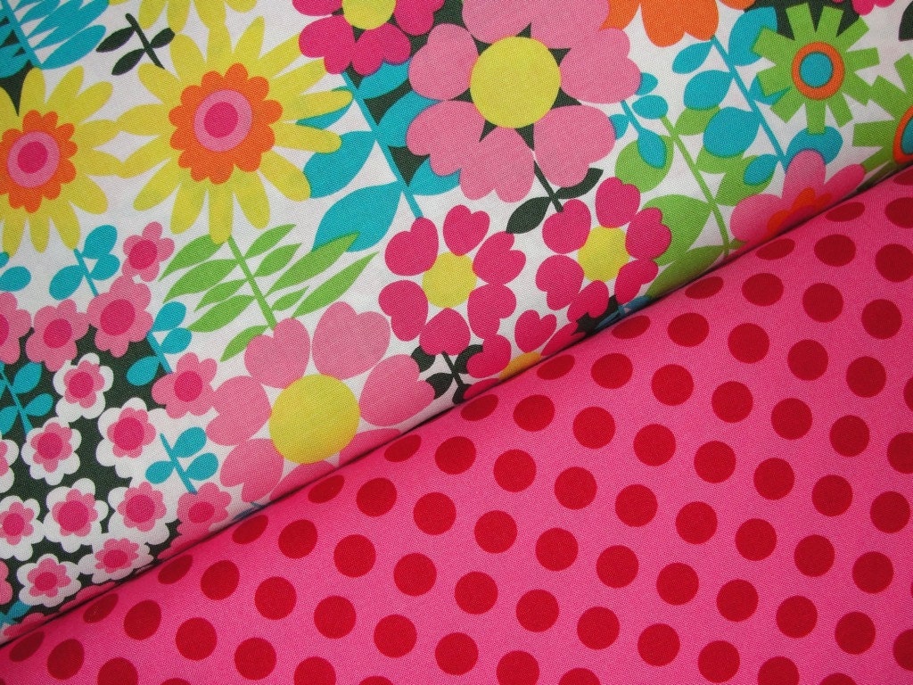 Michael Miller Fabric Duo, Pop Garden in Multi and Ta Dot in Pink, Full Yard Set, 2 Yards Total