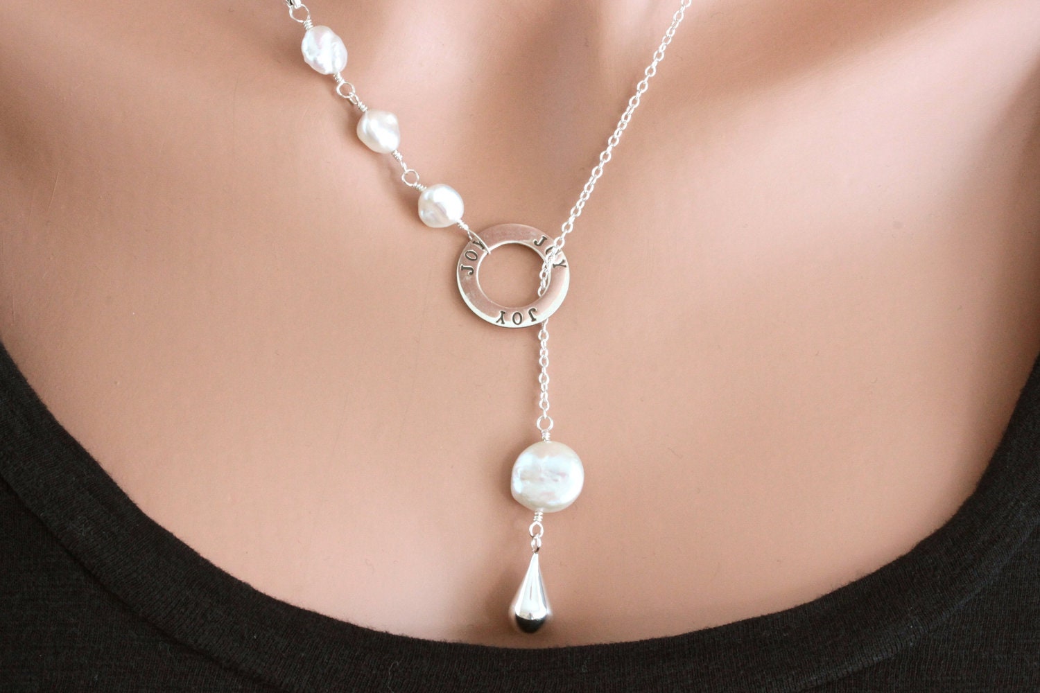 JOY, Silver Lariat Necklace, Freshwater Pearl Necklace, Christian Jewelry
