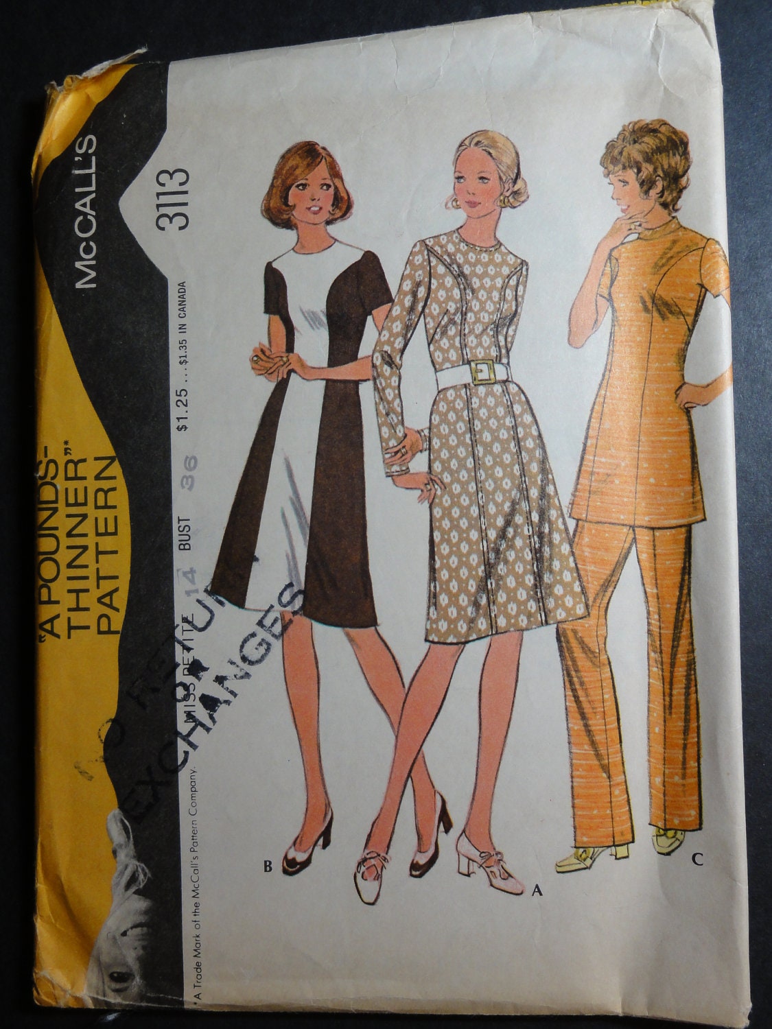 1972 Dress, Tunic, Pants- McCalls Sewing Pattern 3113 Misses Size 14 Bust 36
