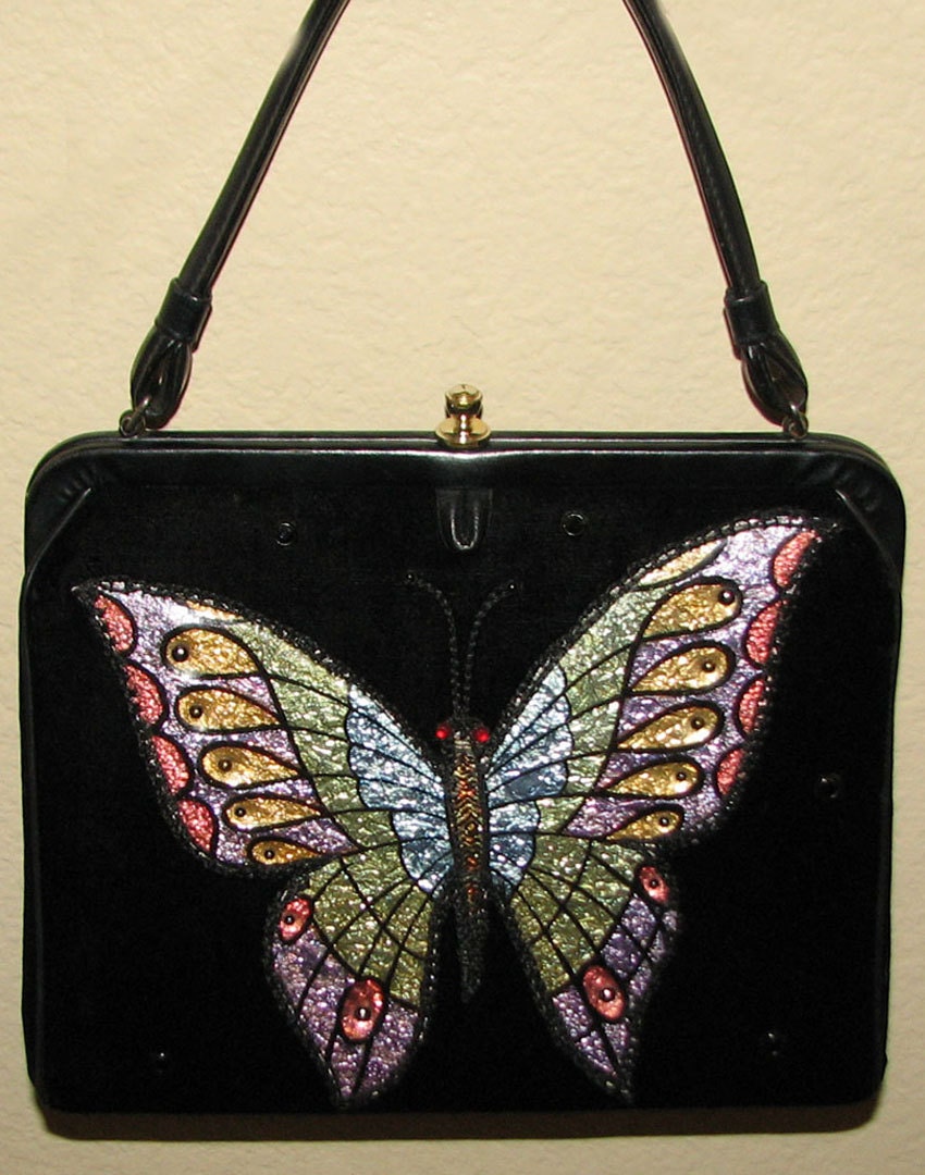 vintage BUTTERFLY velvet black 1950's handbag, purse
