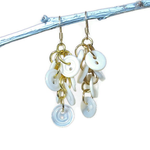 Mother of Pearl Earrings, Repurposed Jewelry, Button Earrings