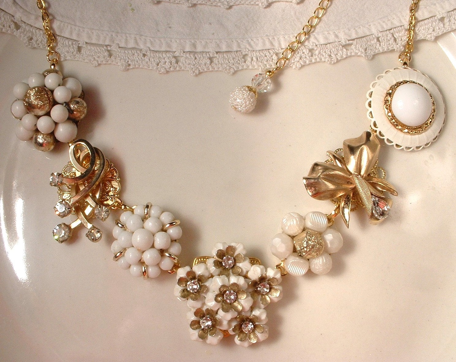OOAK Vintage White Wedding Milk Glass & Rhinestone Gold Bridal Necklace, Heirloom Cluster Earring Necklace