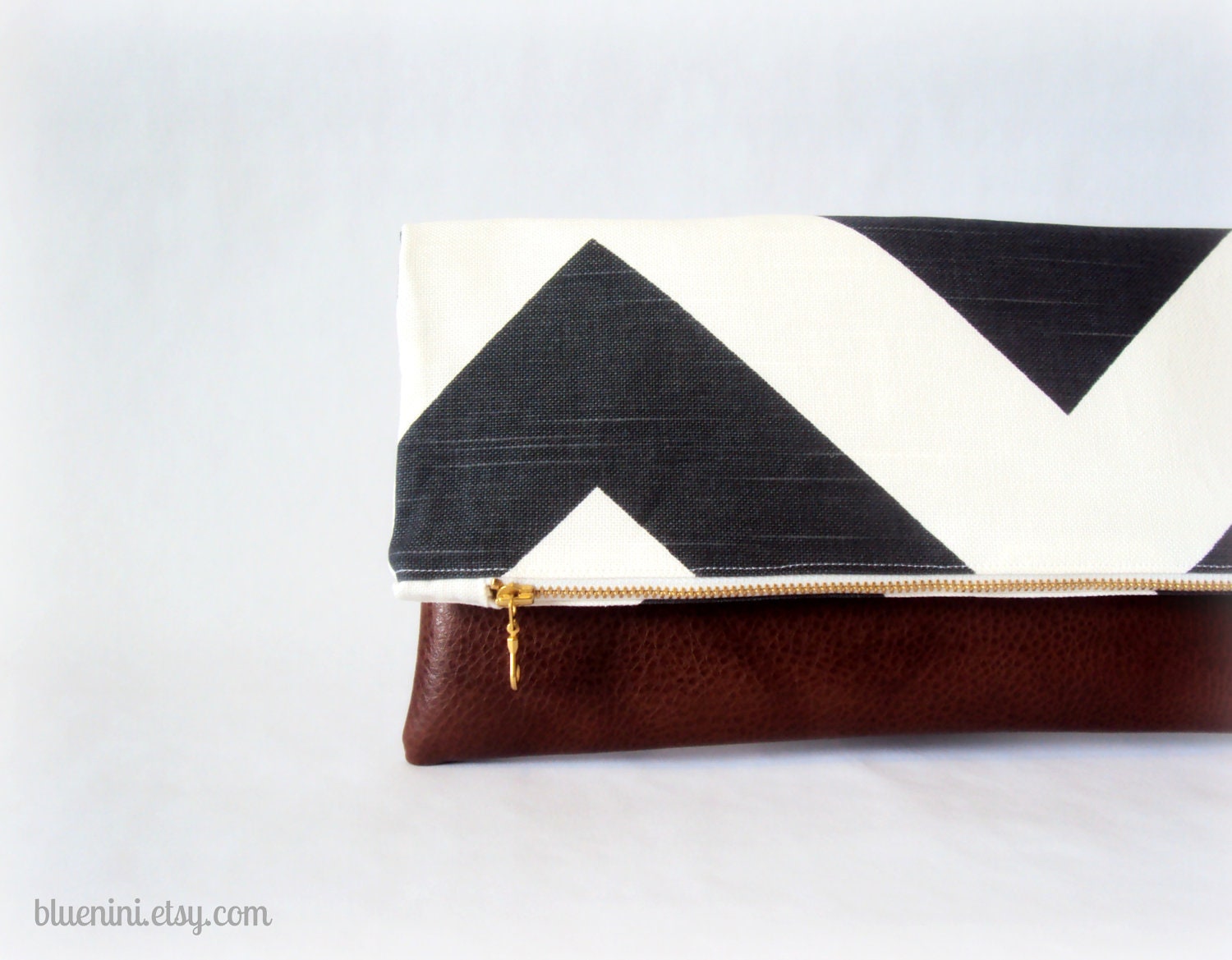 Preorder Listing - Hybrid Clutch - Fold Over Zippered Clutch - Charcoal Chevron with Brown Vegan Leather