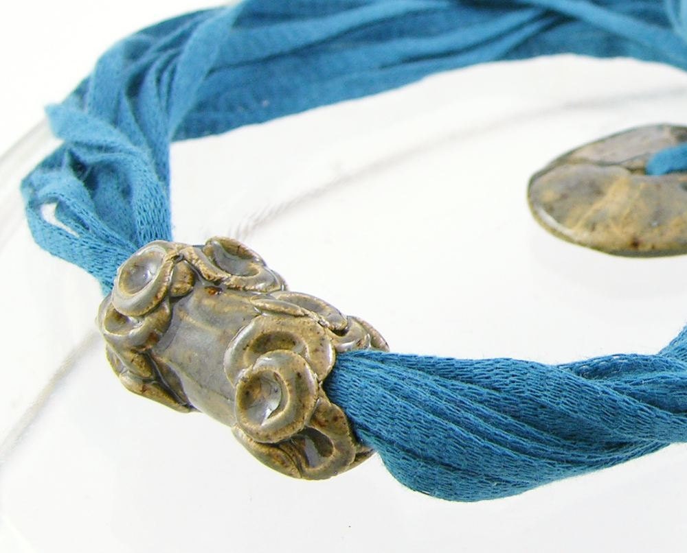 Skinny scarf lariat fiber necklace scarf necklace cotton ceramic long blue vegan ooak ceramic beads curationnation